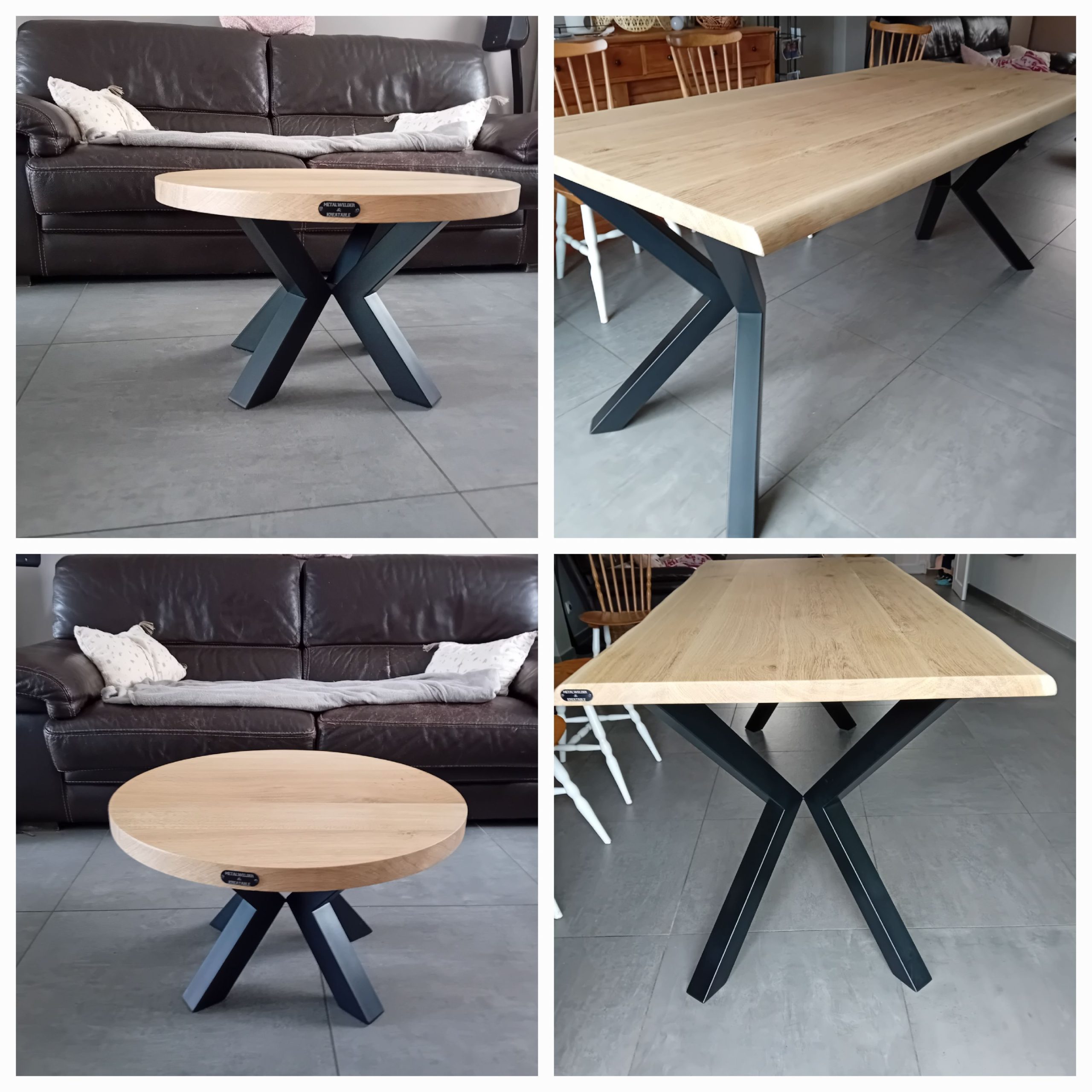table haute et table basse ronde sur mesure table 180x80 piétements X décentrés; table basse ronde diamètre 60cm avec piétement X décentrés
