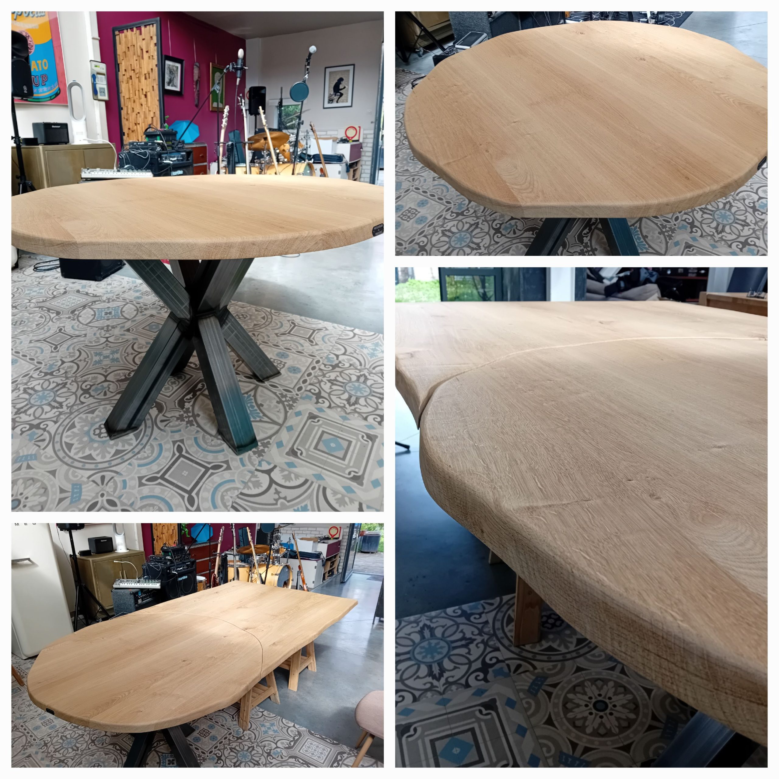 table ronde live edge avec rallonge Table ronde en chêne massif bords live edge avec sa rallonge live edge pied étoile brut tubes carrés 80x80