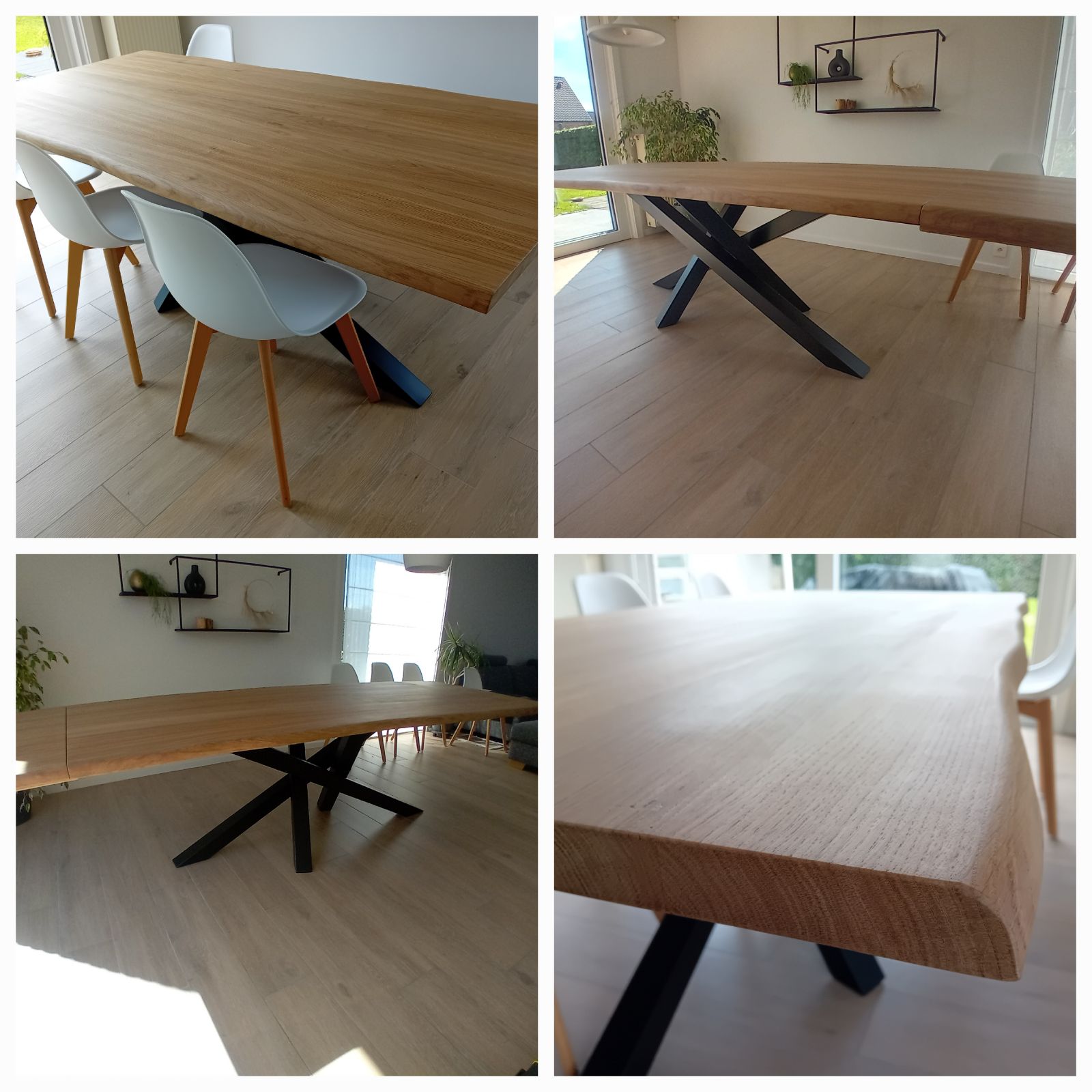 table chêne massif Table ronde en chêne massif bords live edge avec sa rallonge live edge pied étoile brut tubes carrés 80x80