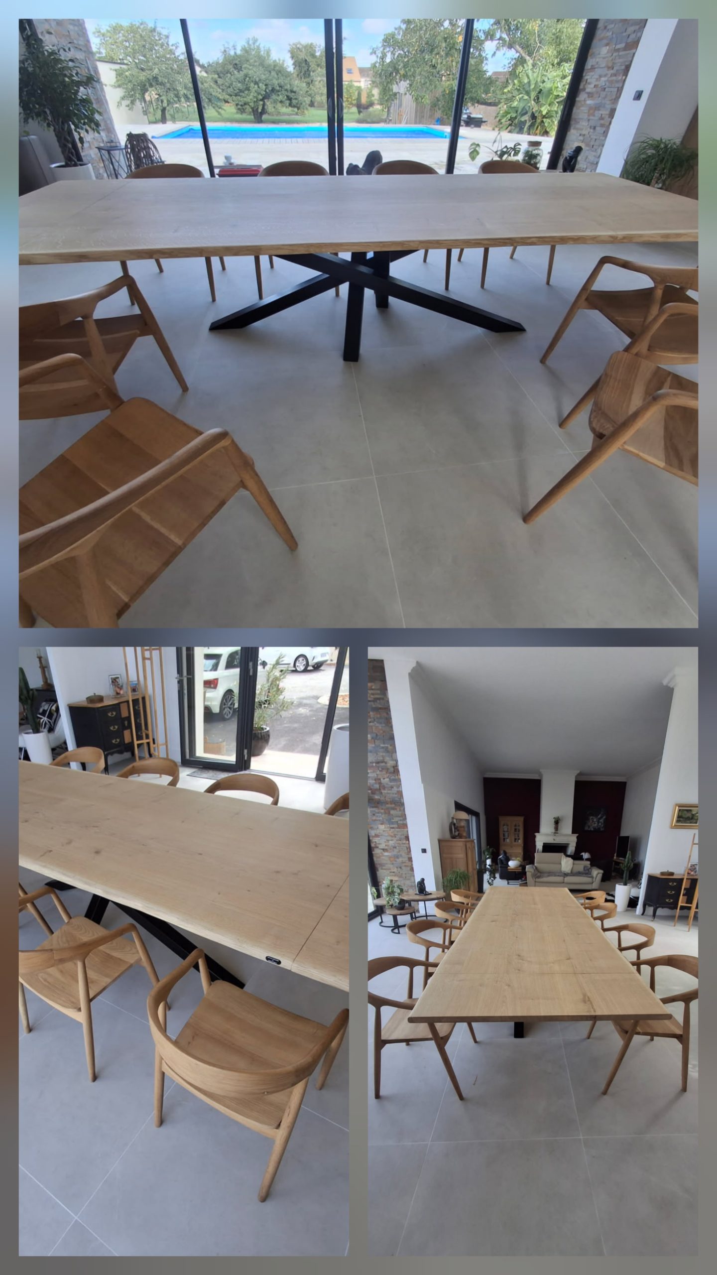 table en chene sur mesure pied mikado sur mesure plateau en chene bord live edge 3m40 (avec 2 rallonges de 40cm)