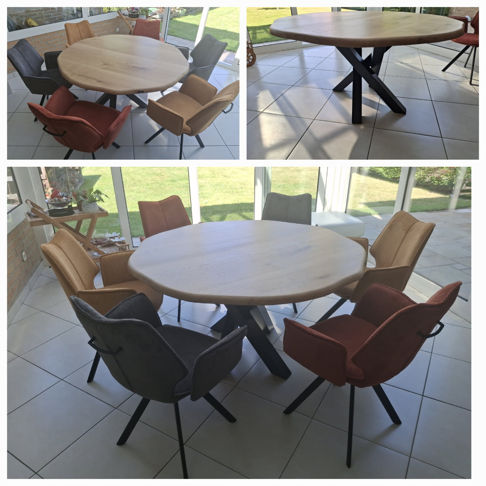 table ronde table ronde diamètre 140 cm bords live edge en chêne massif avec 6 chaises SUN avec accoudoirs